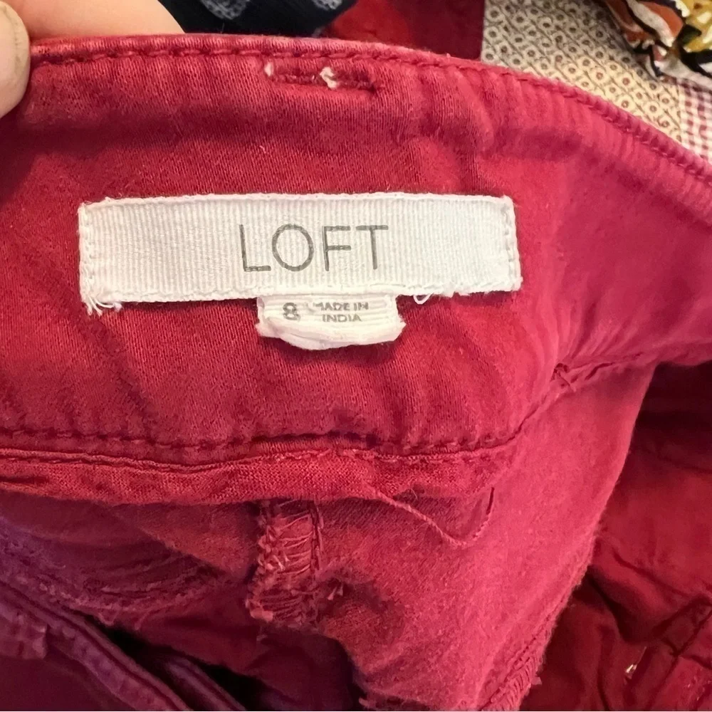 Loft Women's Sz 8 Chino Pant Burgundy Red Moto Zippers Slim Ankle Stretch Cotton